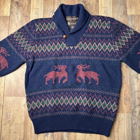 Vintage 100% Wool Knit Fair Isle V Neck Sweater Men's XL Blue Cesarani - Picture 1 of 10